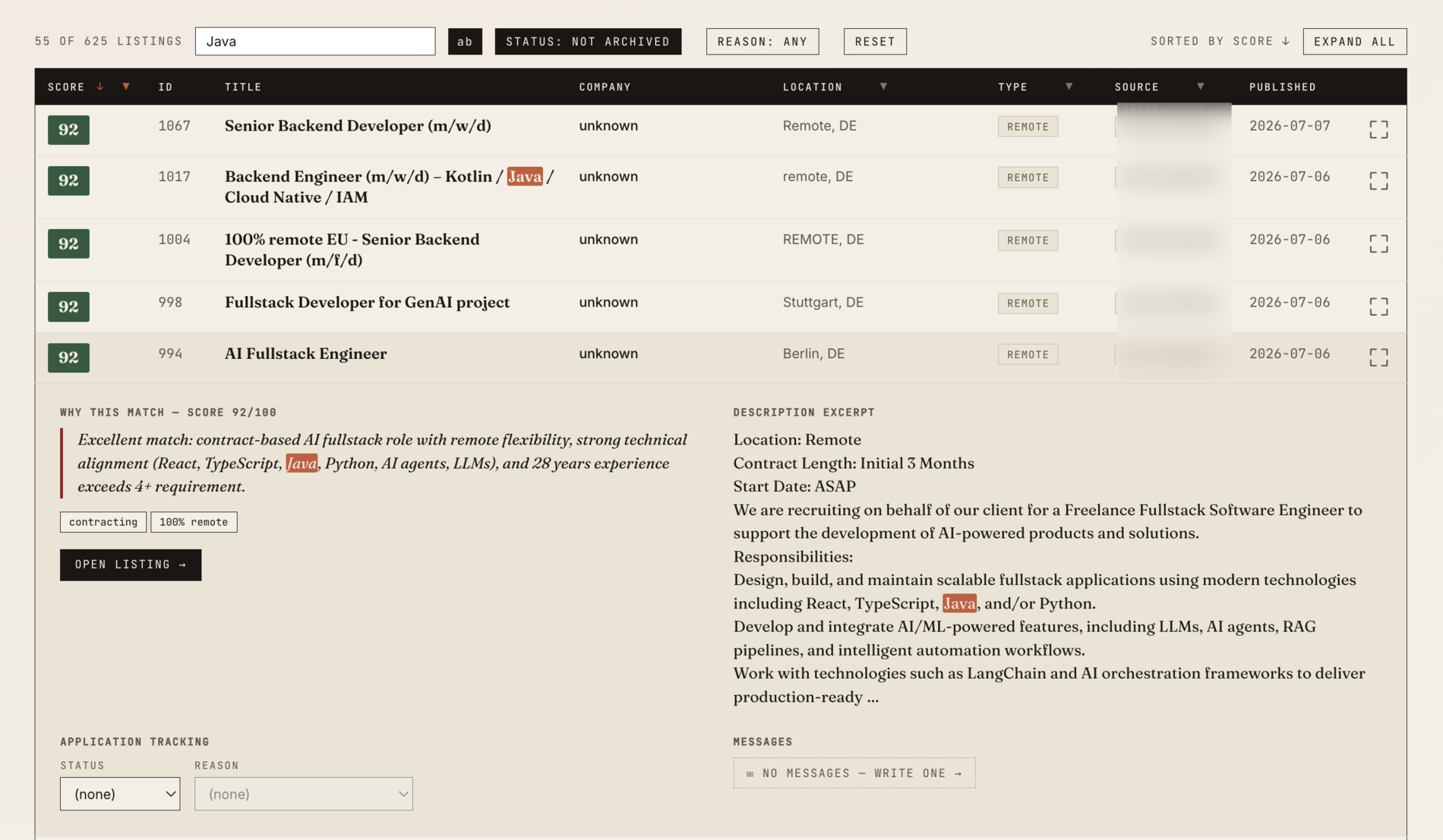 An expanded listing in the table: a "Why this match" rationale with the Claude Haiku score, a description excerpt, matched keyword highlights, application-status tracking, and an outreach-message panel.