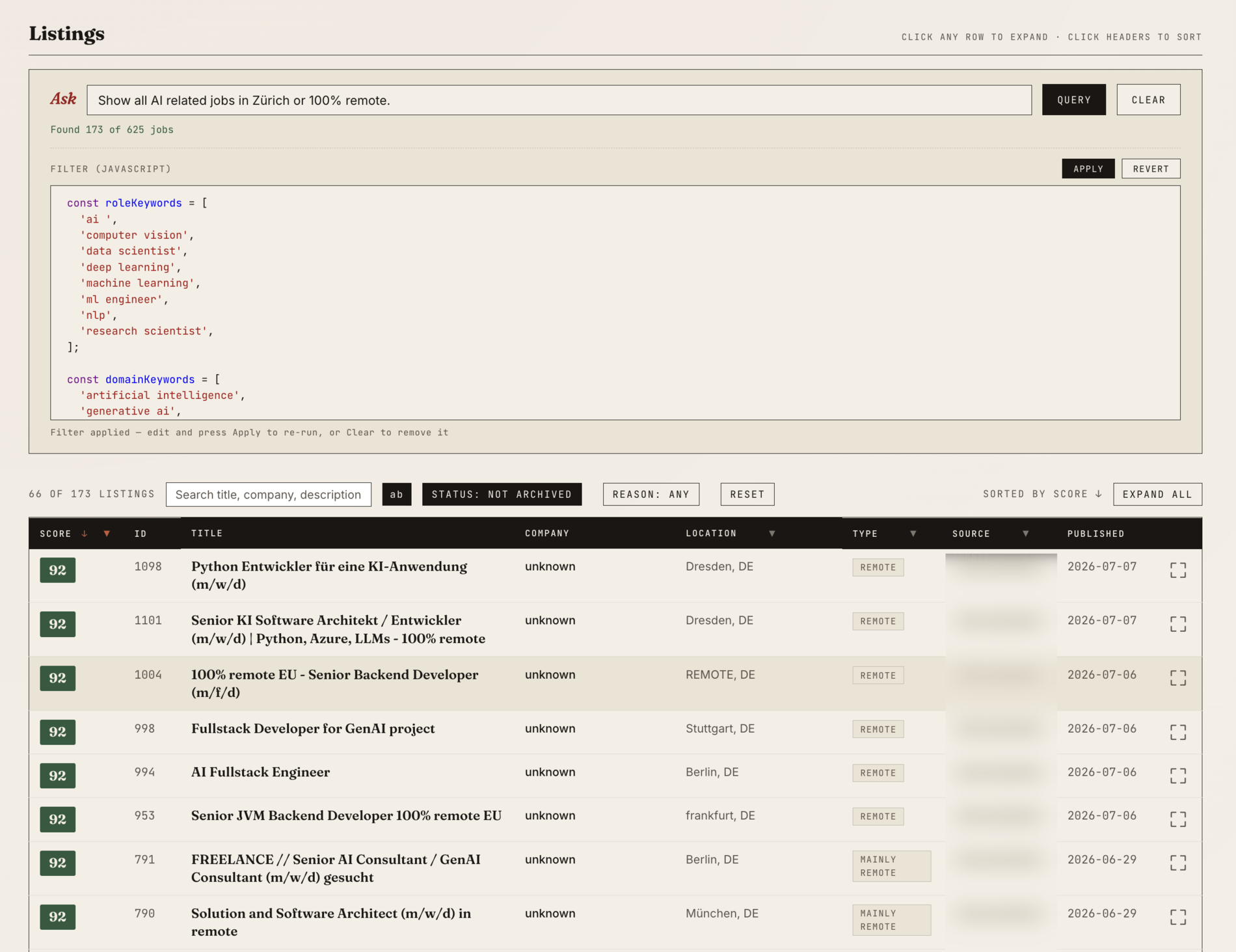 The listings view: a natural-language "Ask" query that Claude Haiku turns into an editable JavaScript filter, above a sortable, filterable table of scored listings (score, title, company, location, type, source).