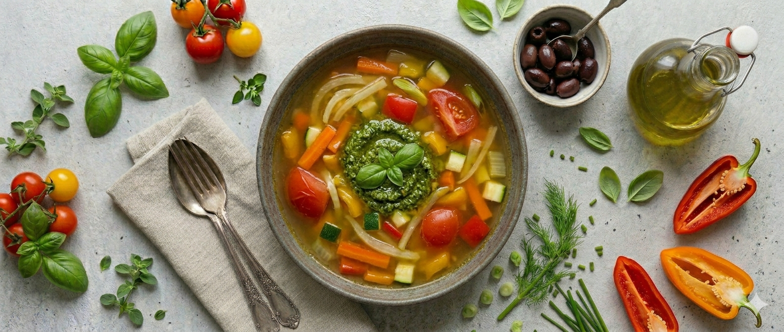 Italian vegetable soup: a bowl of brothy vegetable soup with fennel, carrots, bell pepper, zucchini and tomatoes, topped with a spoonful of green basil pesto