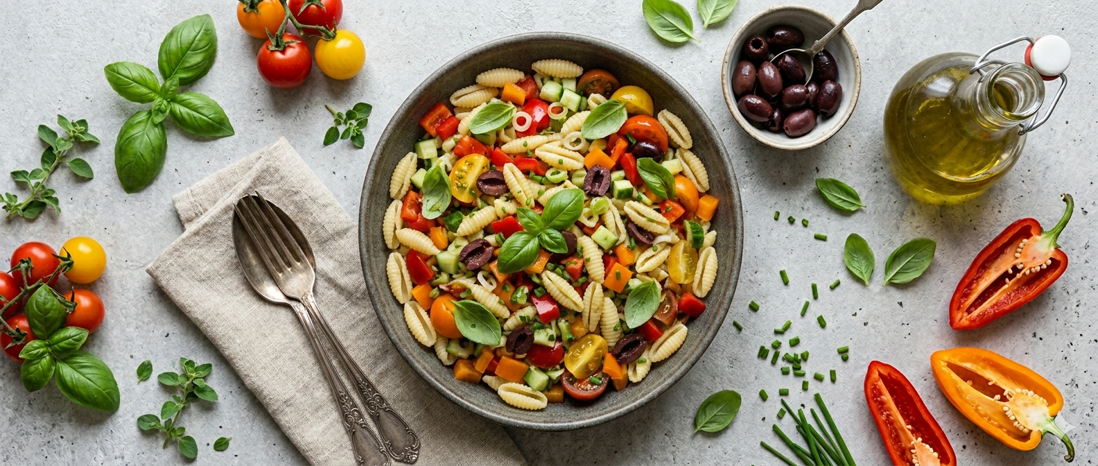 Mediterranean pasta salad: a bowl of short pasta with red and orange peppers, cherry tomatoes, black olives, cucumber, spring onions and fresh basil