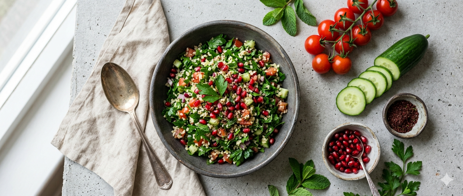 Tabbouleh: a bowl of finely chopped parsley salad with bulgur, tomatoes, spring onions, and lemon