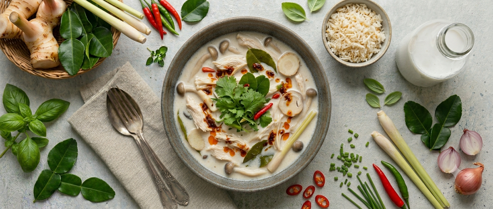 Tom Kha Gai: eine Schüssel cremige thailändische Kokos-Hühnersuppe mit Pilzen, roten Chiliringen, Limette und frischem Koriander